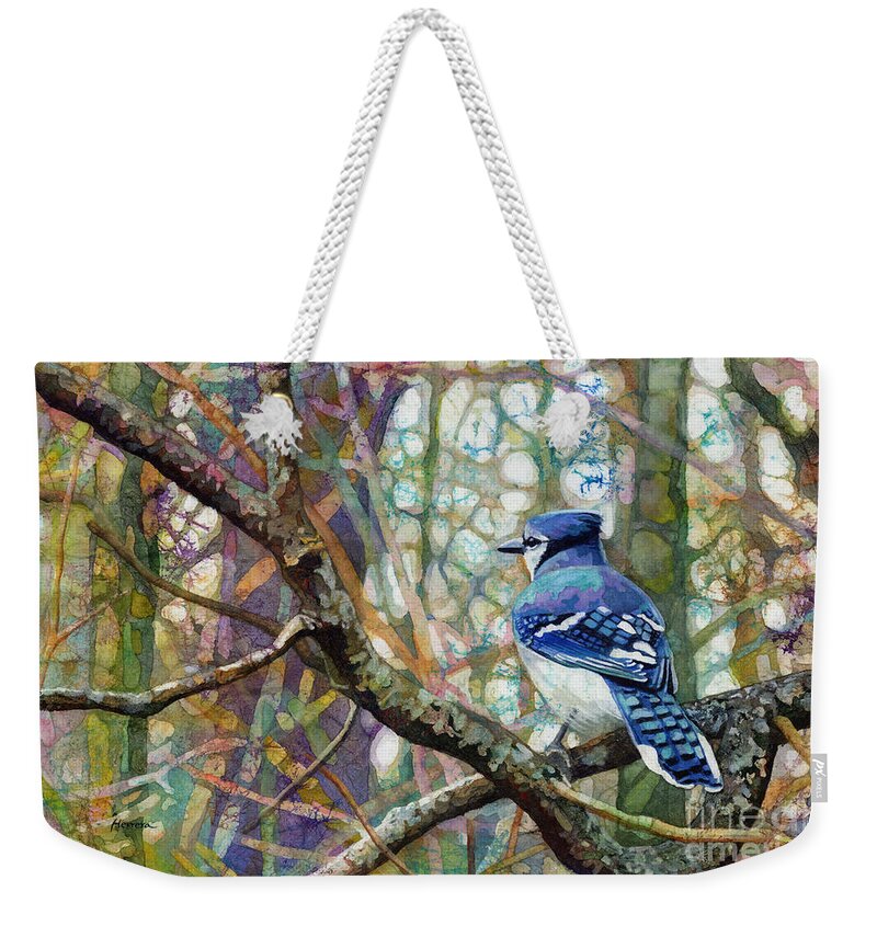 Blue Jay Weekender Tote Bag featuring the painting Morning Forest by Hailey E Herrera