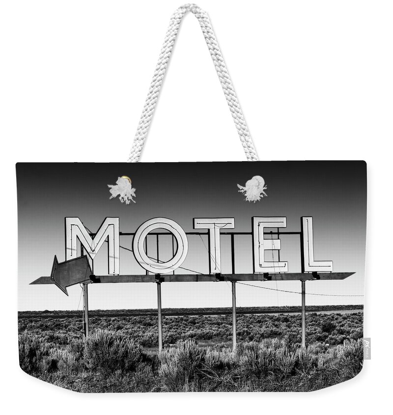 Motel Sign Weekender Tote Bag featuring the photograph Motel Nowhere in Black and White by Mark Kiver
