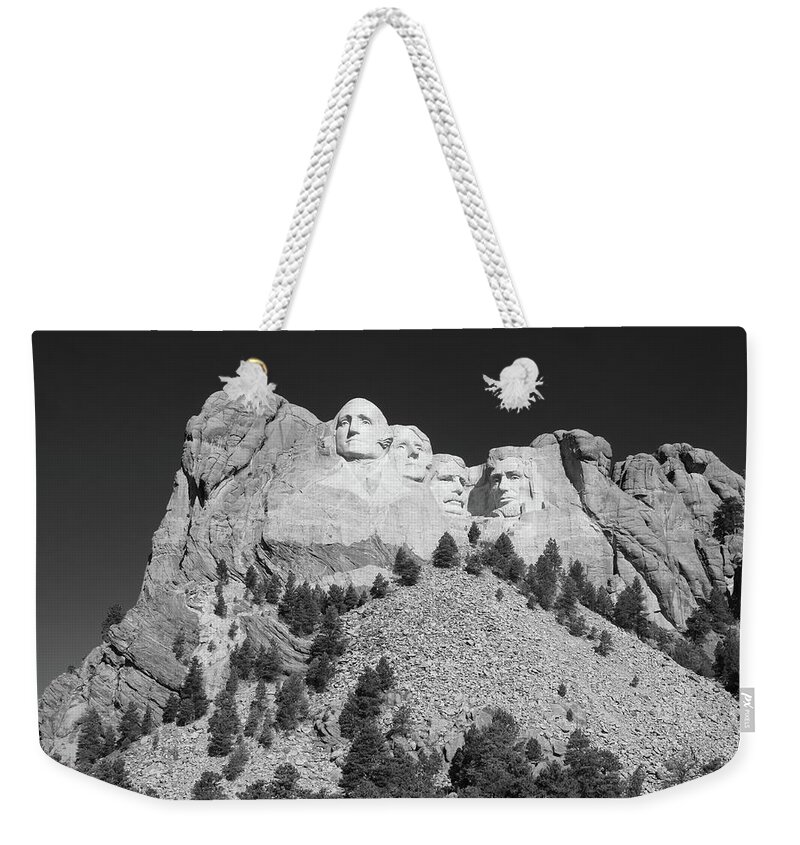 Mount Rushmore Weekender Tote Bag featuring the photograph Mount Rushmore National Memorial B W by Connor Beekman