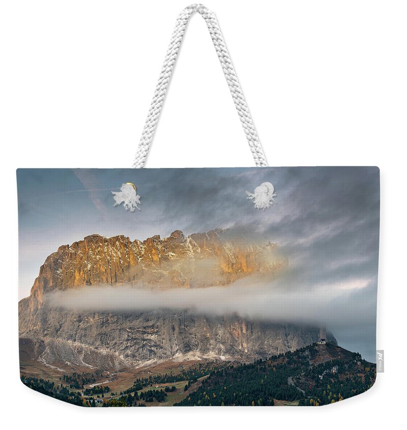 Dolomites Weekender Tote Bag featuring the photograph Mountain peaks of Langkofel or Saslonch, mountain range in the by Michalakis Ppalis
