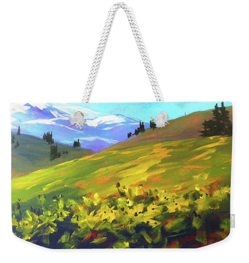 Alpine Field Weekender Tote Bag featuring the painting Mountain Spring by Nancy Merkle