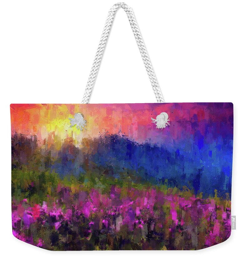 Mountain Weekender Tote Bag featuring the painting Mountain sunset by Vart Studio