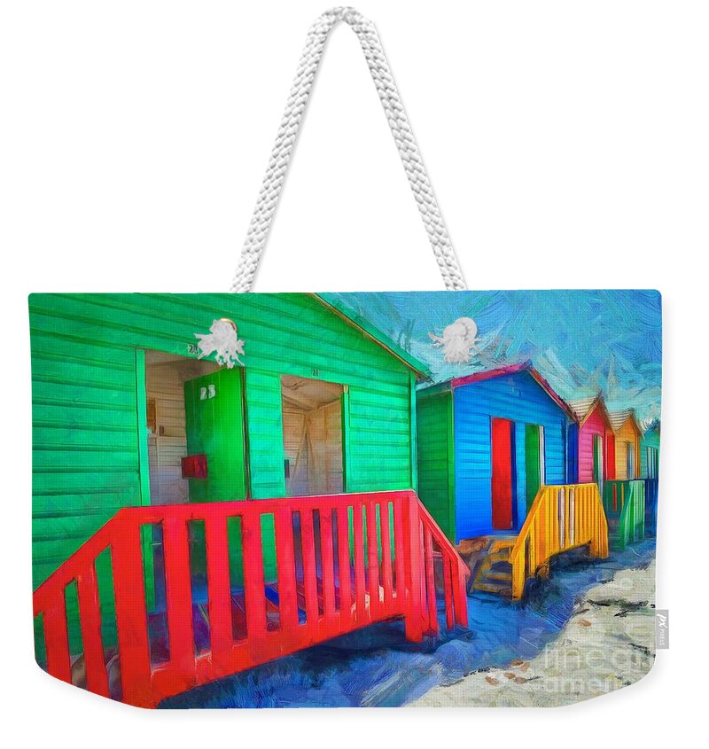 Muizenberg Weekender Tote Bag featuring the digital art Muizenberg Beach Huts by Eva Lechner