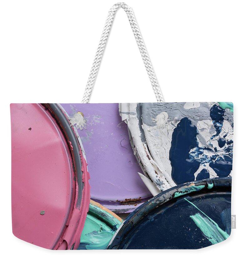 Abstract Weekender Tote Bag featuring the photograph Multi Color Old Paint Can Lids by Kyle Lee