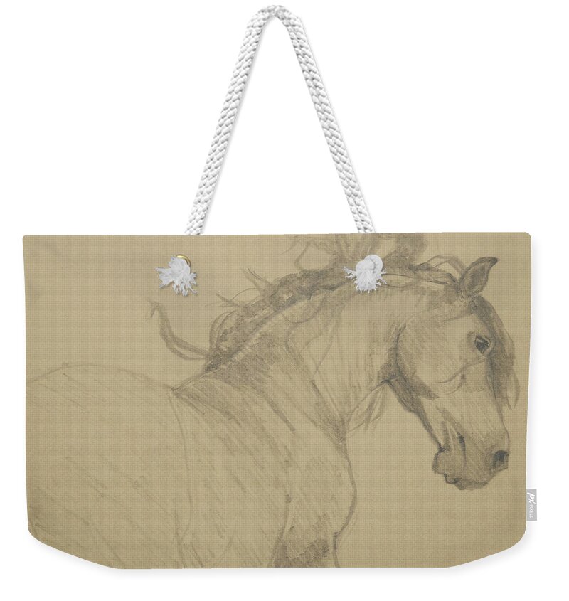 Horse Weekender Tote Bag featuring the drawing Mustang by Jani Freimann