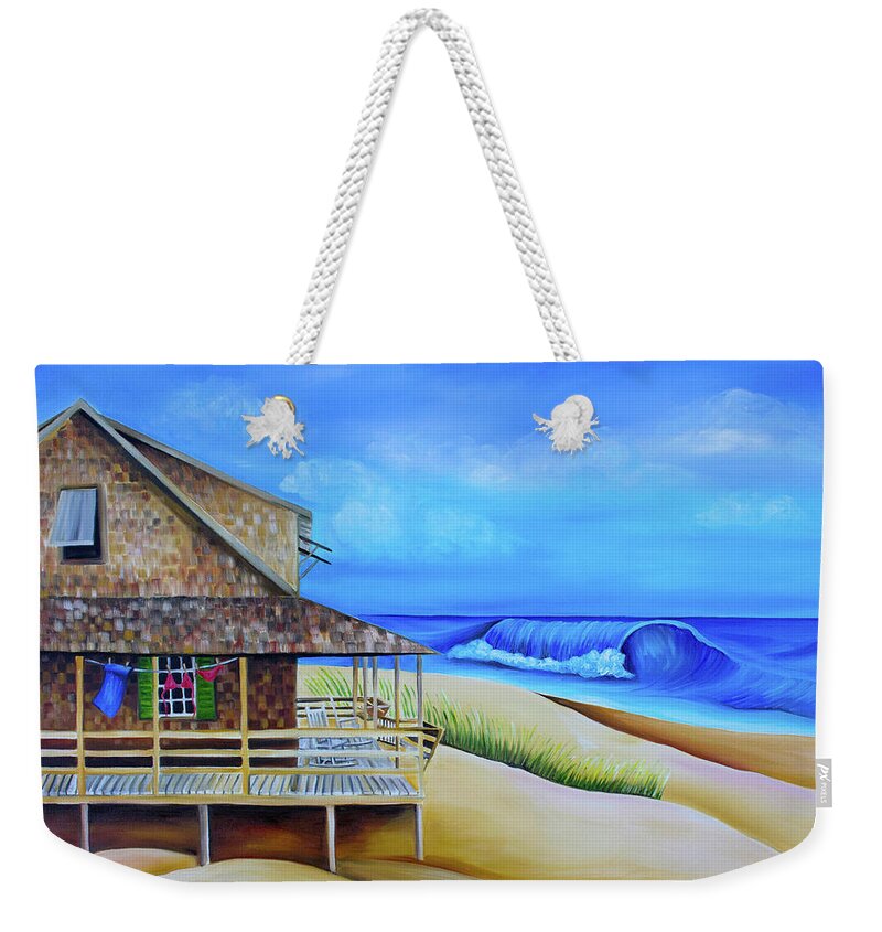 Nags Head Weekender Tote Bag featuring the painting Nags Head Cottage with Clothesline by Barbara Noel