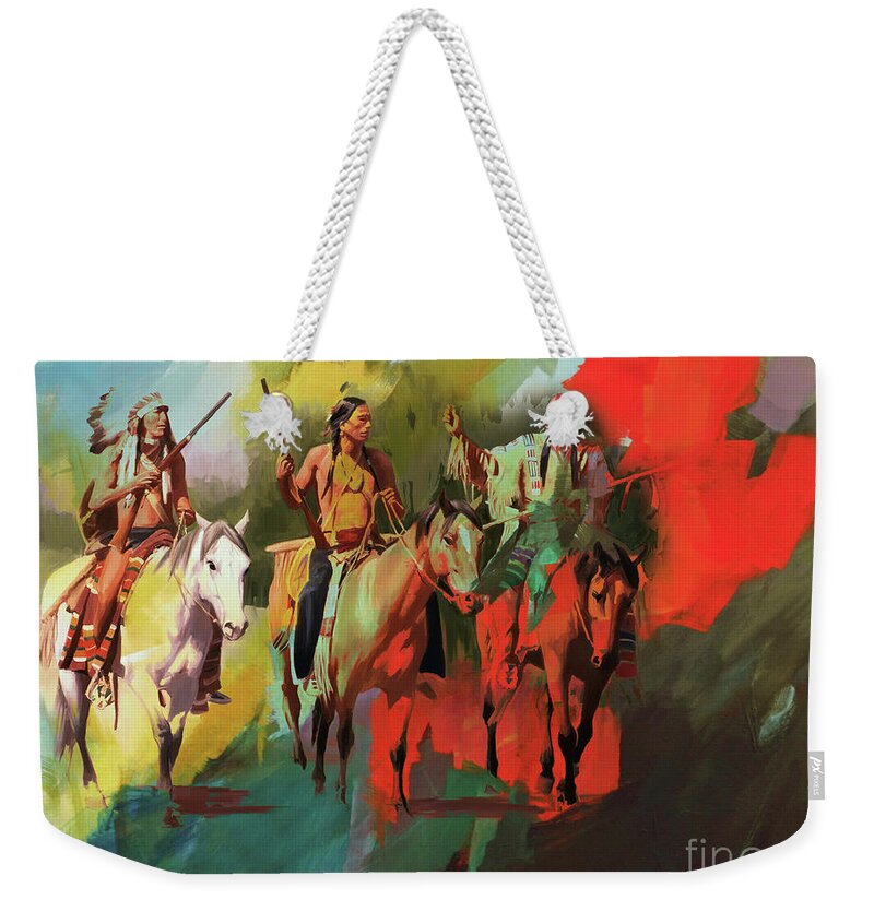 Native American Indian Weekender Tote Bag featuring the painting Native American on Horses by Gull G