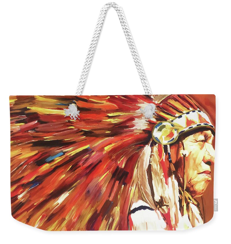 Native American Weekender Tote Bag featuring the painting Native American Warriors 01 by Gull G
