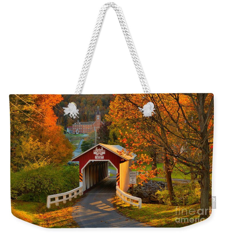 New Baltimore Weekender Tote Bag featuring the photograph New Baltimore Covered Bridge Fall Landscape by Adam Jewell