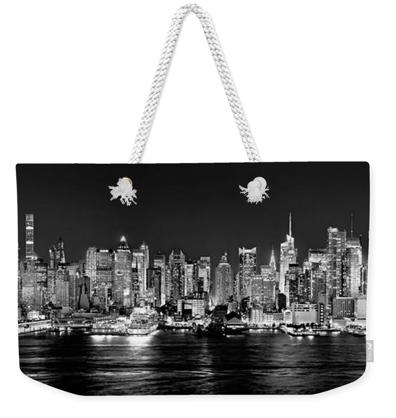 New York City Skyline At Night Weekender Tote Bag featuring the photograph New York City NYC Skyline Midtown Manhattan at Night Black and White by Jon Holiday