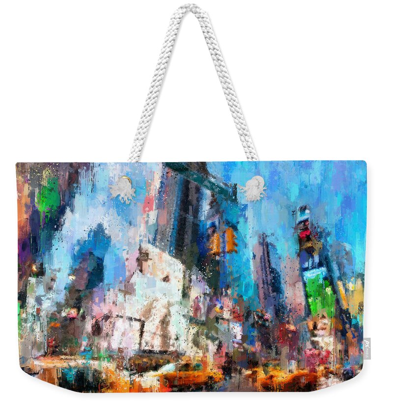 New York Weekender Tote Bag featuring the painting NEW YORK - Times Square by Vart Studio