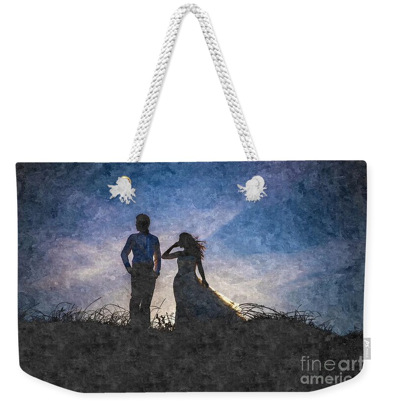 Adult Weekender Tote Bag featuring the photograph Newlywed couple after their wedding at sunset, digital art oil p by Joaquin Corbalan
