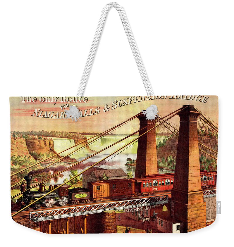 Niagara Falls Weekender Tote Bag featuring the mixed media Niagara Falls And Suspension Bridge by Mountain Dreams