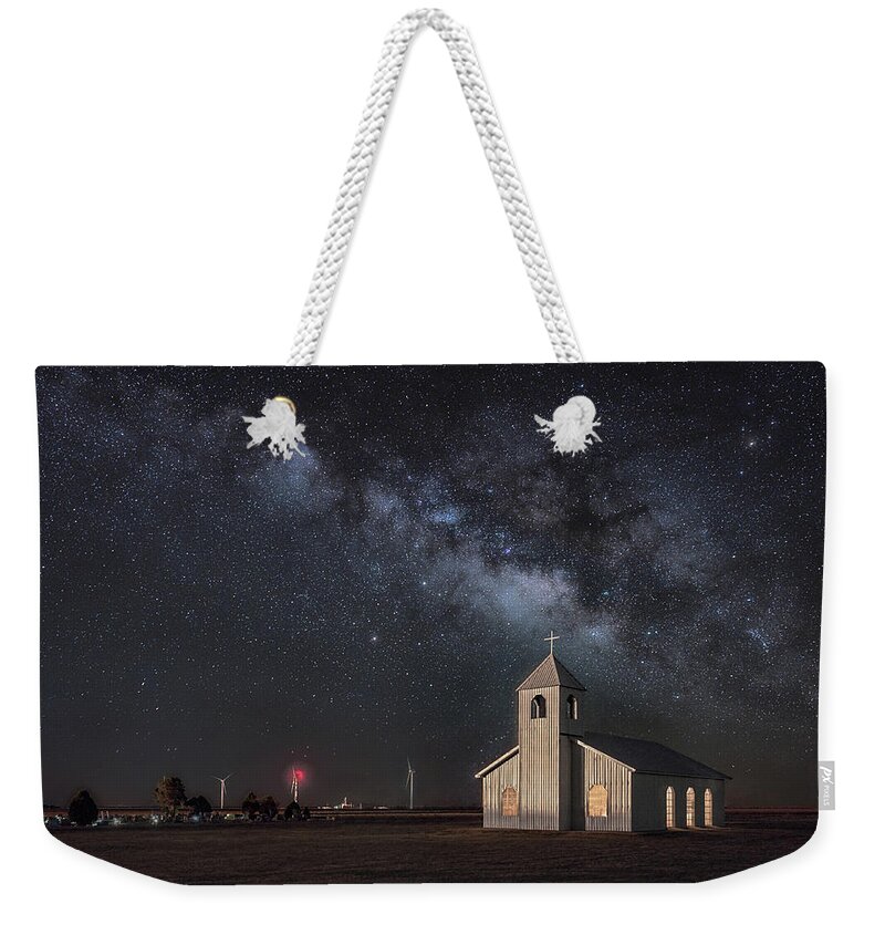 Milky Way Weekender Tote Bag featuring the photograph Nighttime at The Chapel by James Clinich
