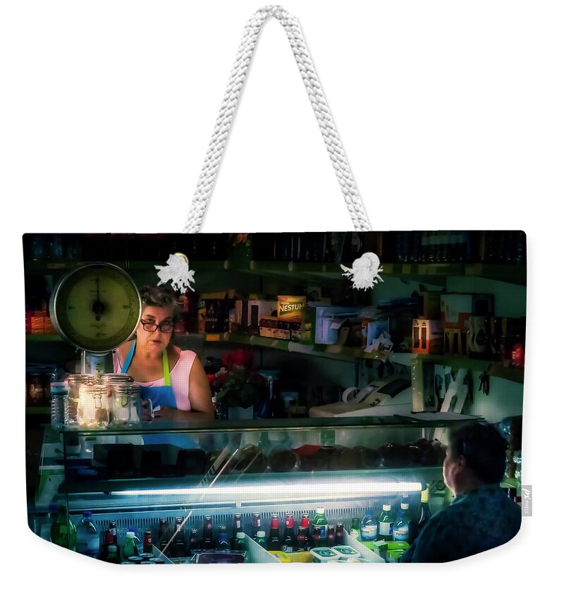 Late Night Weekender Tote Bag featuring the photograph Nina Grocery Store by Micah Offman