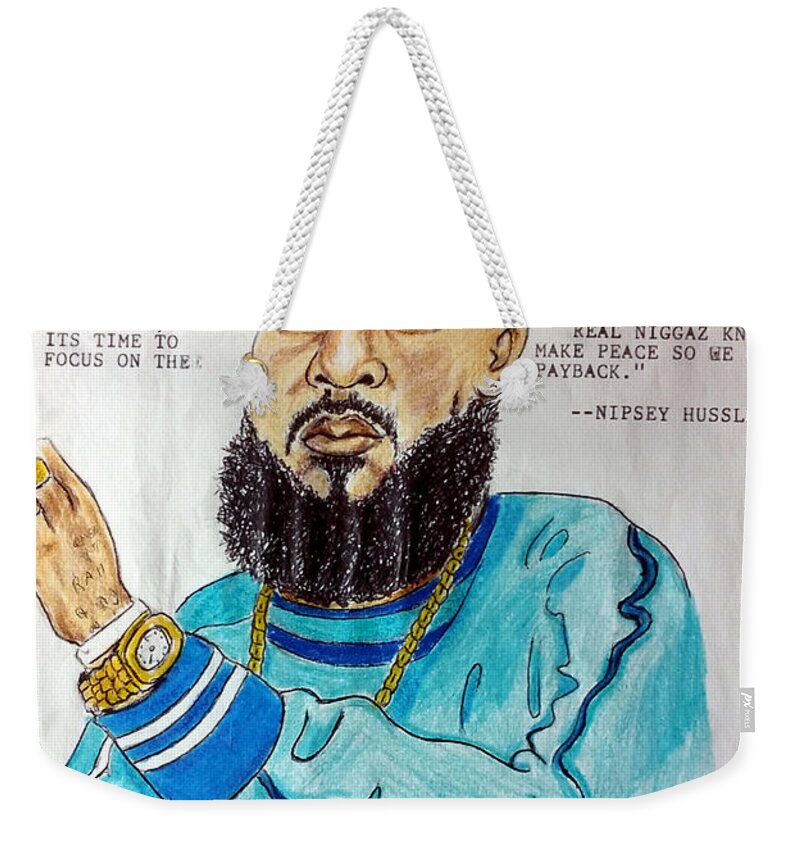 Black Art Weekender Tote Bag featuring the drawing Nipsey Hussle's Drive for Peace by Joedee