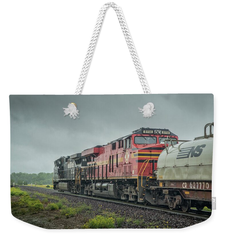 Railroad Weekender Tote Bag featuring the photograph Norfolk Southern Heritage Unit 8114 trails behind NS 9318, on 60A, as it heads toward Huntingburg IN by Jim Pearson