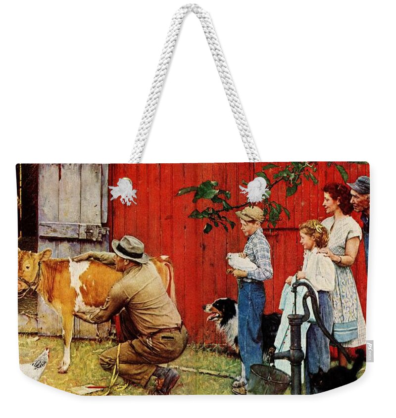 Cow Weekender Tote Bag featuring the painting Norman Rockwell Visits A County Agent by Norman Rockwell