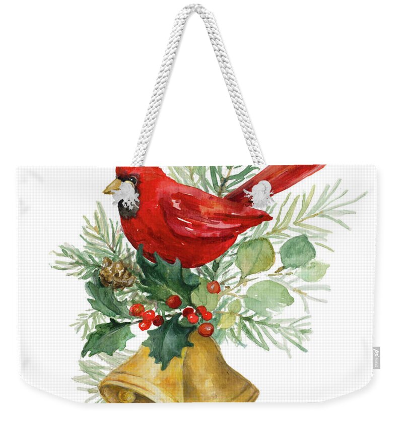 Cardinal Weekender Tote Bag featuring the painting Northern Cardinal On Holiday Bells by Lanie Loreth