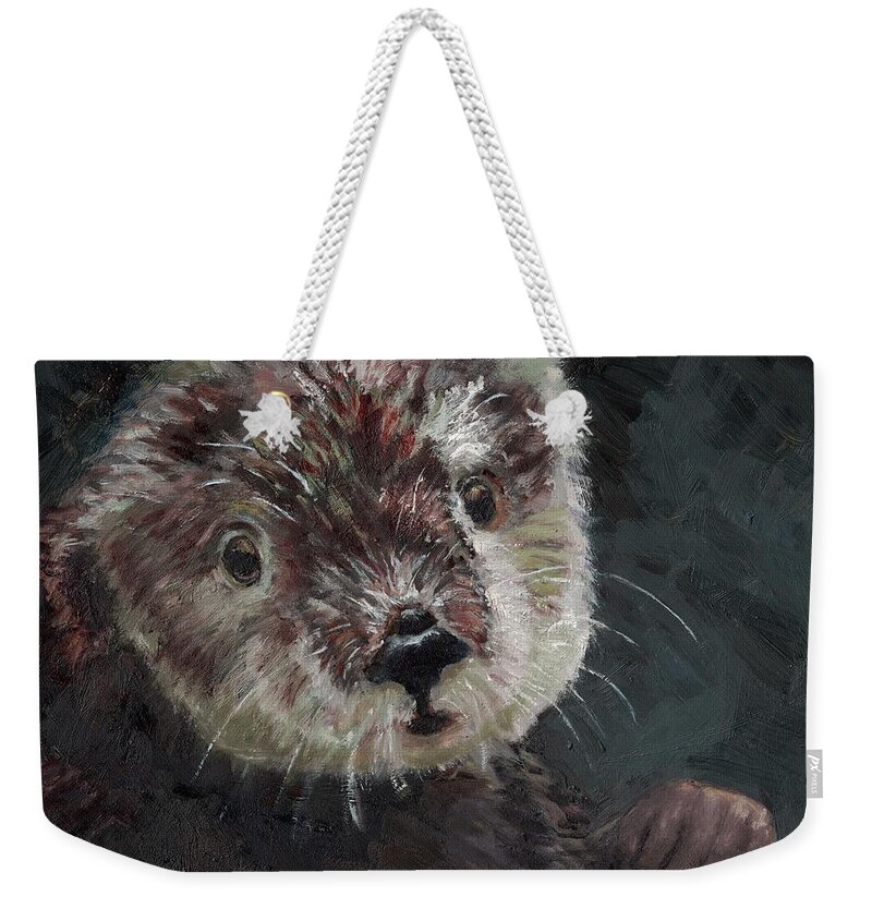 #otter #otterlove #aslanimal #ifotterscouldsign #savetheotters #animaloilpainting #otteroilpainting Weekender Tote Bag featuring the painting O is for Otter by Jessmyne Stephenson