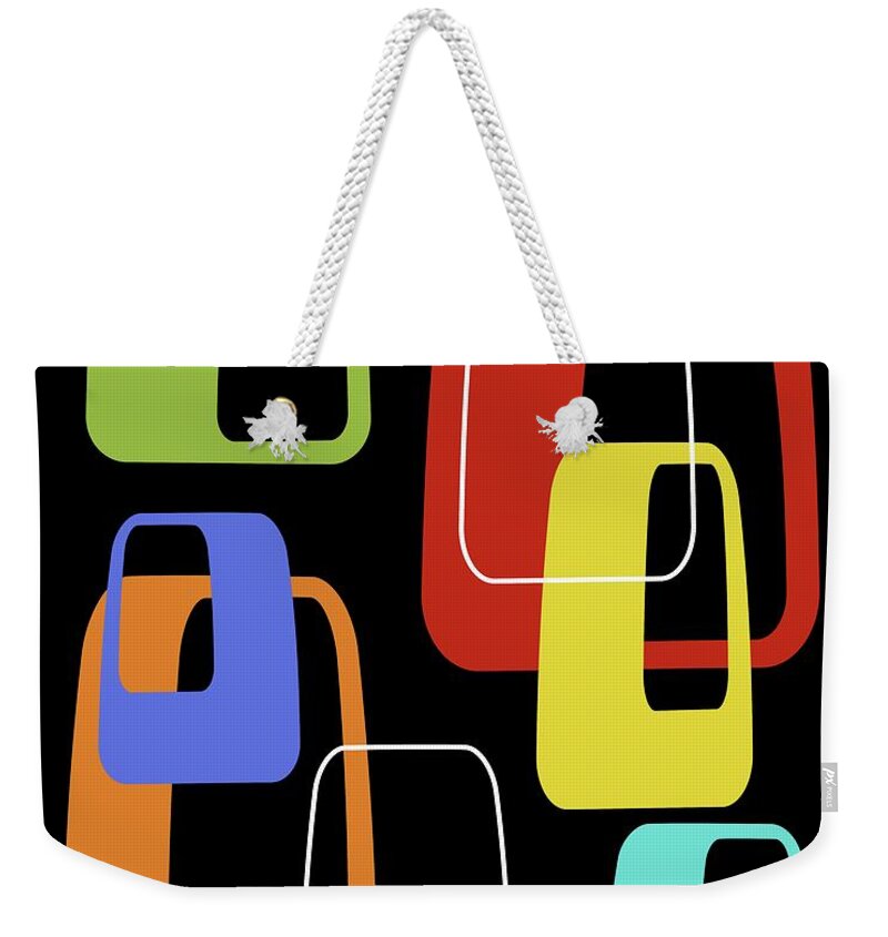Mid Century Modern Weekender Tote Bag featuring the digital art Oblongs on Black 3 by Donna Mibus