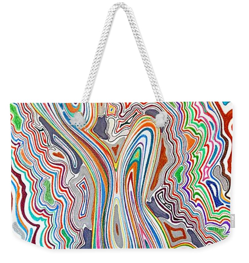 Red Weekender Tote Bag featuring the drawing Ode to the Seventies by David Neace CPX