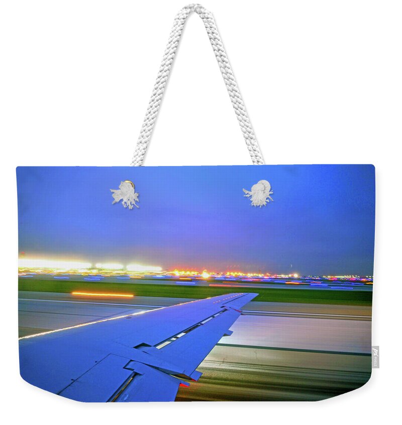 Jet Weekender Tote Bag featuring the photograph O'Hare Night Takeoff by Climate Change VI - Sales