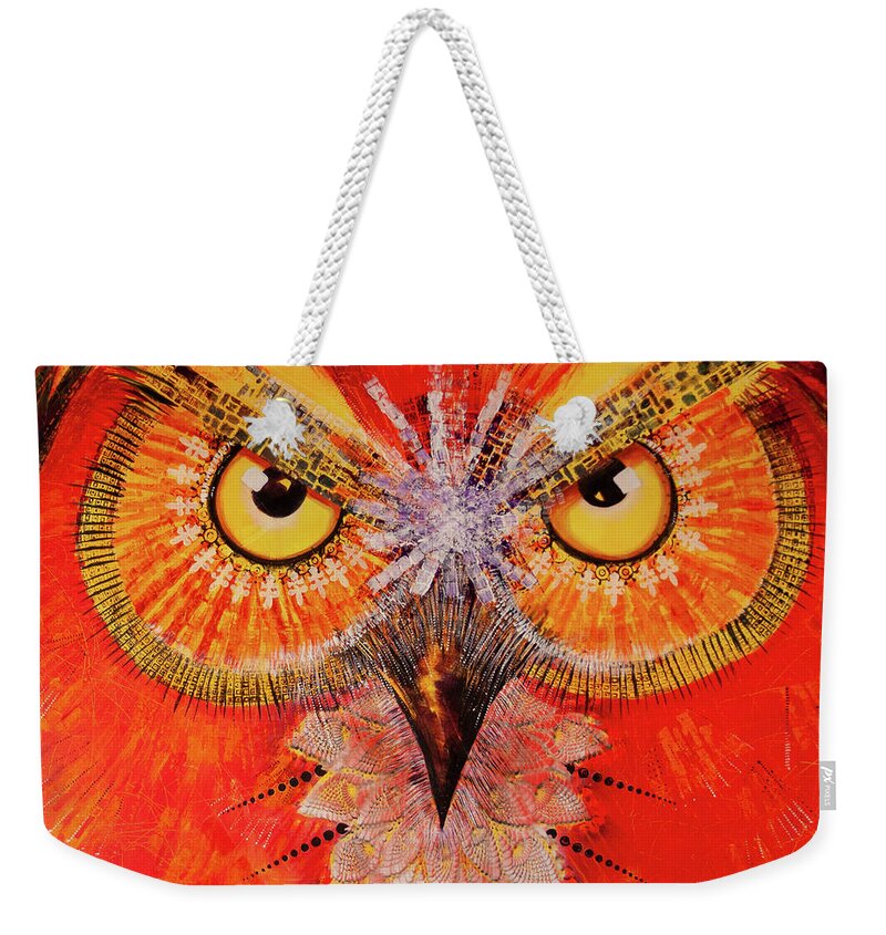 Owl Weekender Tote Bag featuring the painting OL Big Red by Laurel Bahe