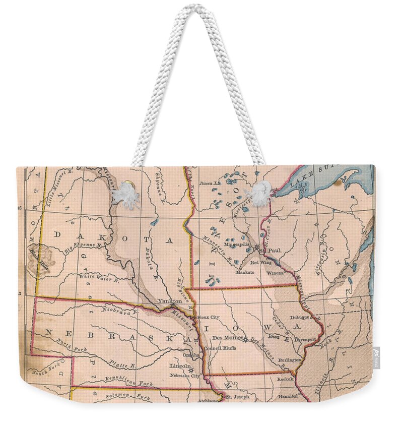 Rectangle Weekender Tote Bag featuring the photograph Old, Color Map Of North Central United by Ideabug