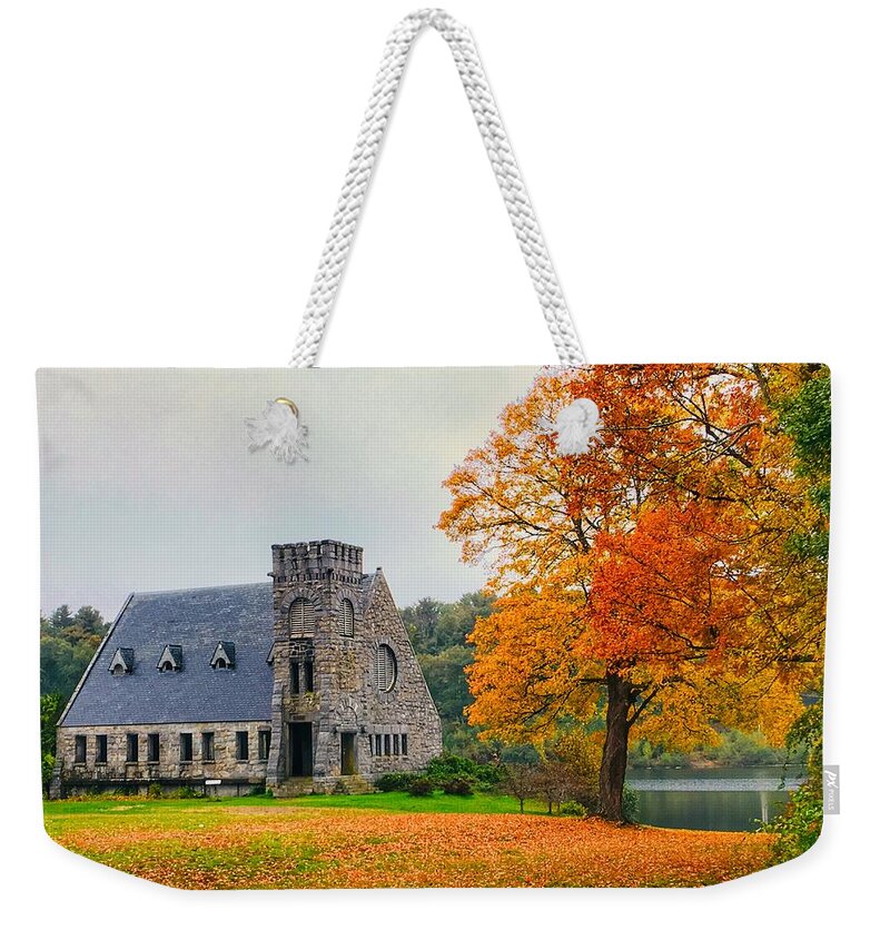 Landscape Weekender Tote Bag featuring the photograph Old Stone Church in fall by Monika Salvan