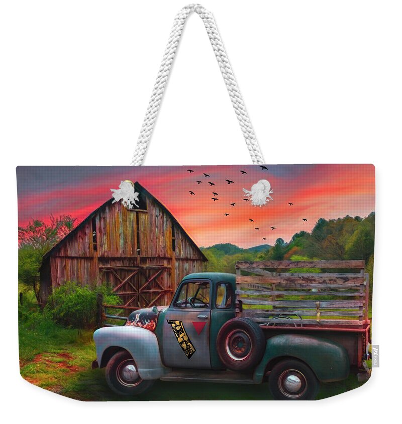 1947 Weekender Tote Bag featuring the photograph Old Truck at the Barn Watercolors Painting with Logo by Debra and Dave Vanderlaan