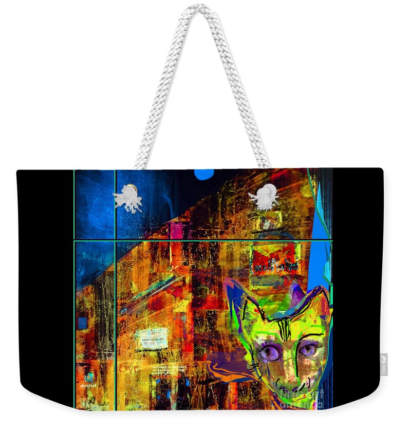 Square Weekender Tote Bag featuring the mixed media Oliver Night Cat by Zsanan Studio