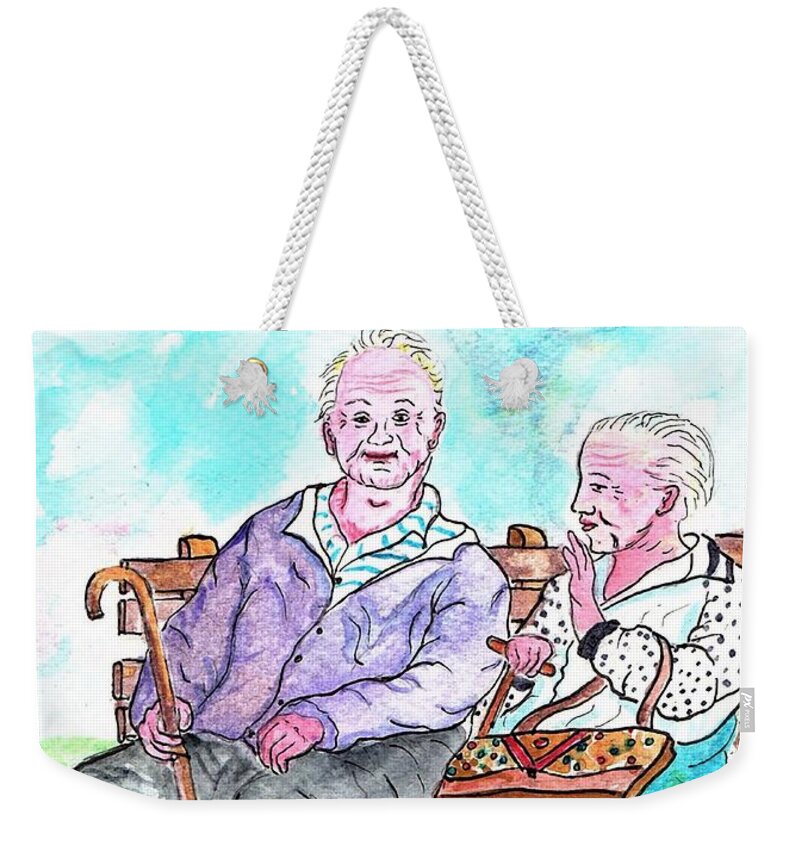 Nce Upon A Park Bench Weekender Tote Bag featuring the painting Once Upon A Park Bench in Prospect Park Getting An Earfull by Philip And Robbie Bracco