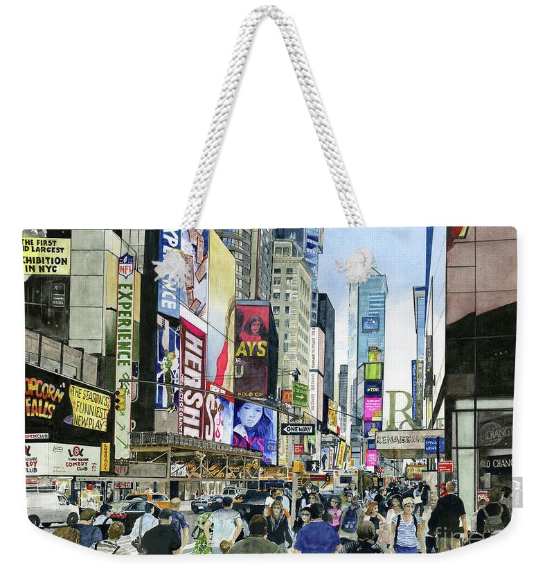 Evening Rush Hour In Times Square With People Weekender Tote Bag featuring the painting Oneway by Monte Toon