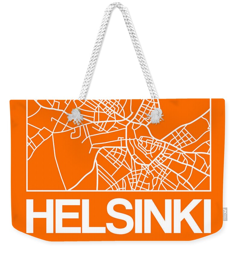 Map Of Helsinki Weekender Tote Bag featuring the digital art Orange Map of Helsinki by Naxart Studio