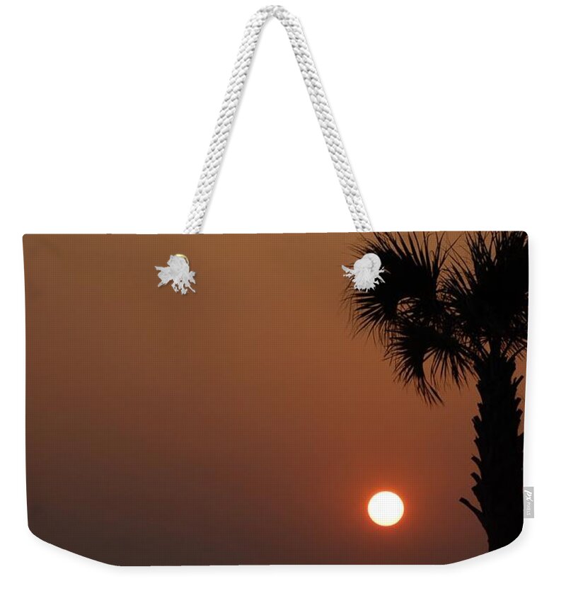 Orange Sunset Weekender Tote Bag featuring the photograph Orange Sunset With Palm and Sea Grass by Dennis Schmidt