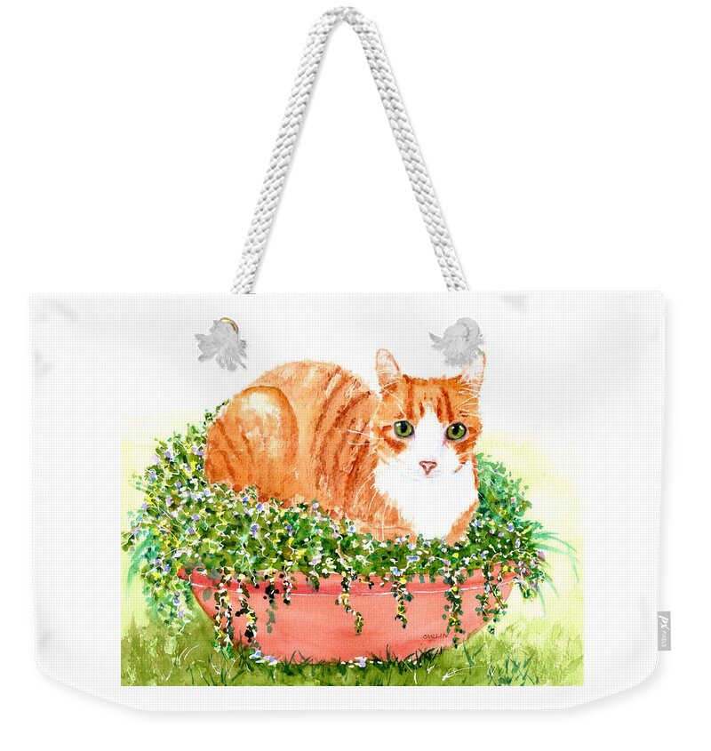 Cat Weekender Tote Bag featuring the painting Orange Tabby Cat in Flower Pot by Carlin Blahnik CarlinArtWatercolor