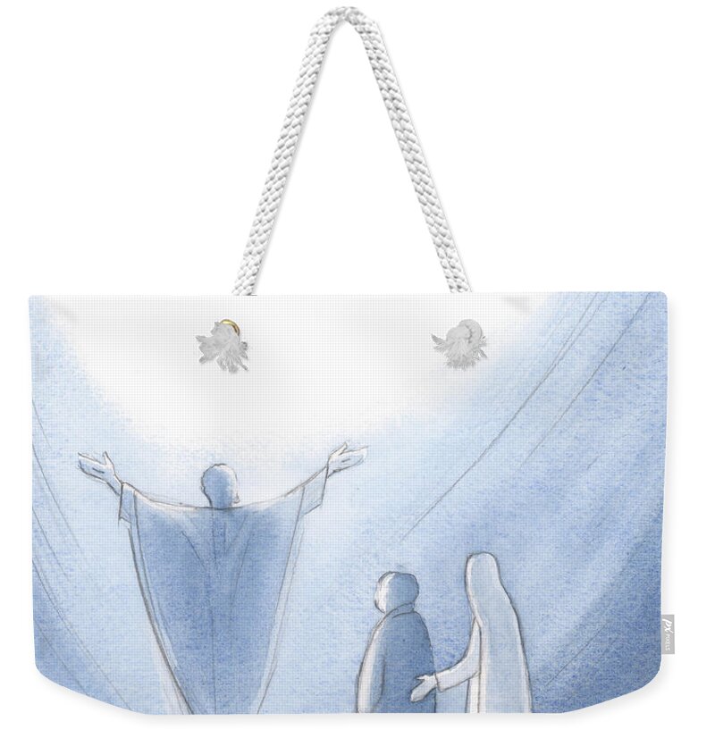 Mary Weekender Tote Bag featuring the painting Our Blessed Lady Shepherds Us Forward Encouraging Us To Pray With Christ To God Our Father by Elizabeth Wang