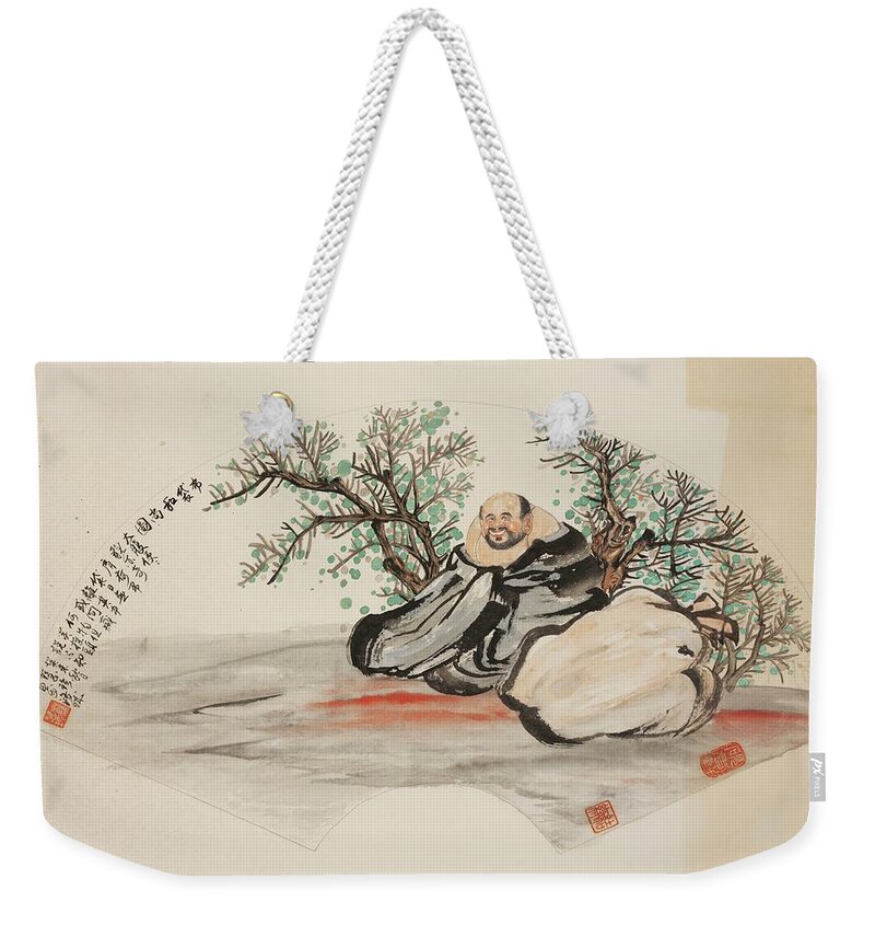 Chinese Watercolor Weekender Tote Bag featuring the painting Happy Wandering Buddha #1 by Jenny Sanders