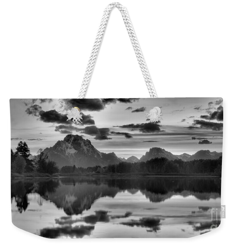Swiftcurrent Falls Weekender Tote Bag featuring the photograph Oxbow Bend Autumn Sunset Panorama Black And White by Adam Jewell