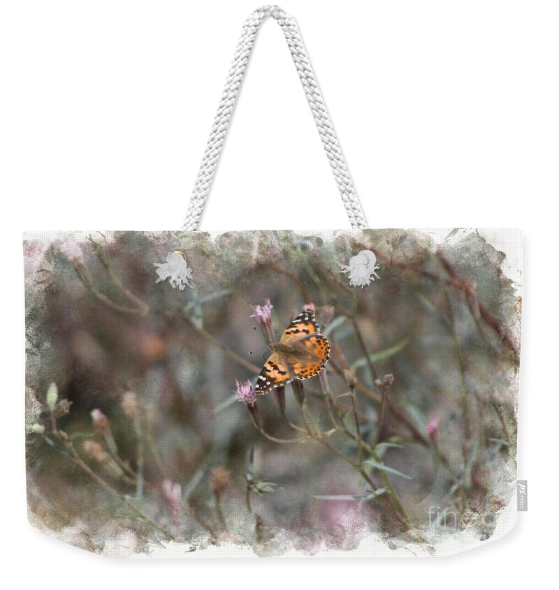 Peony Pink Weekender Tote Bag featuring the photograph Painted Lady Butterflies in Digital Watercolor by Colleen Cornelius