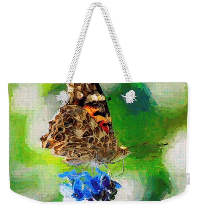 Cosmopolitan Weekender Tote Bag featuring the photograph Painted Lady Butterfly Blue Flower by Don Northup
