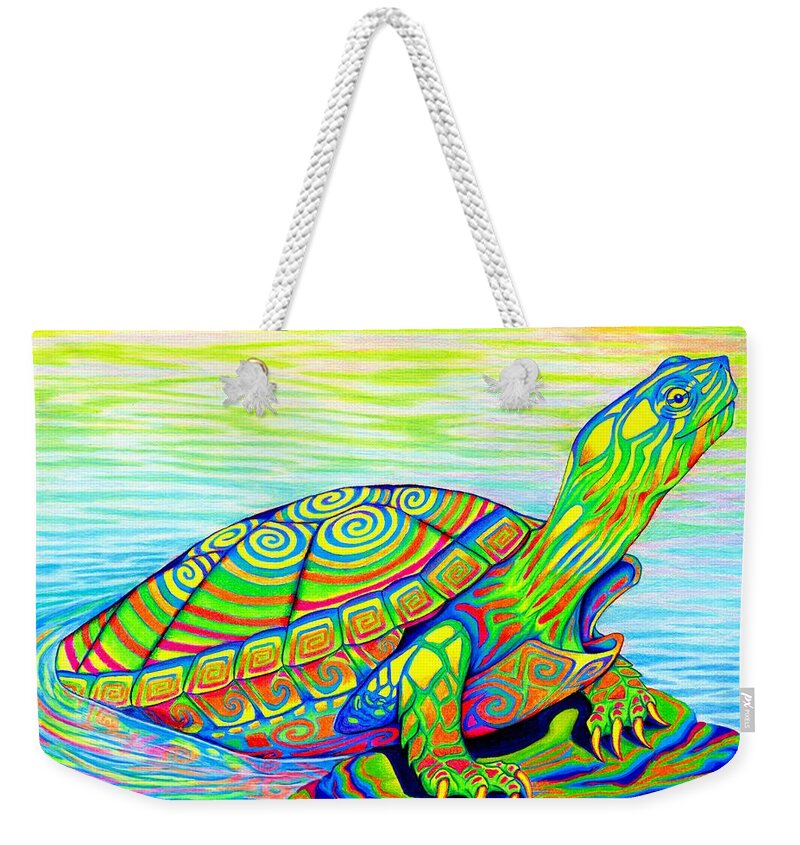 Turtle Weekender Tote Bag featuring the drawing Psychedelic Neon Rainbow Painted Turtle by Rebecca Wang
