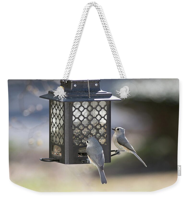 Bird Weekender Tote Bag featuring the digital art Pair of Tufted Titmouse at the Feeder by Ed Stines
