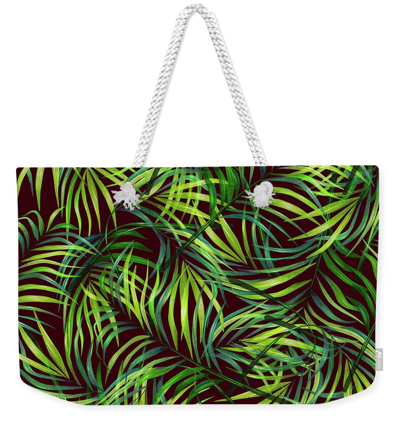 Palm Weekender Tote Bag featuring the mixed media Palm Leaf Pattern 2 - Tropical Leaf Pattern - Green, Black - Tropical, Botanical Pattern Design by Studio Grafiikka