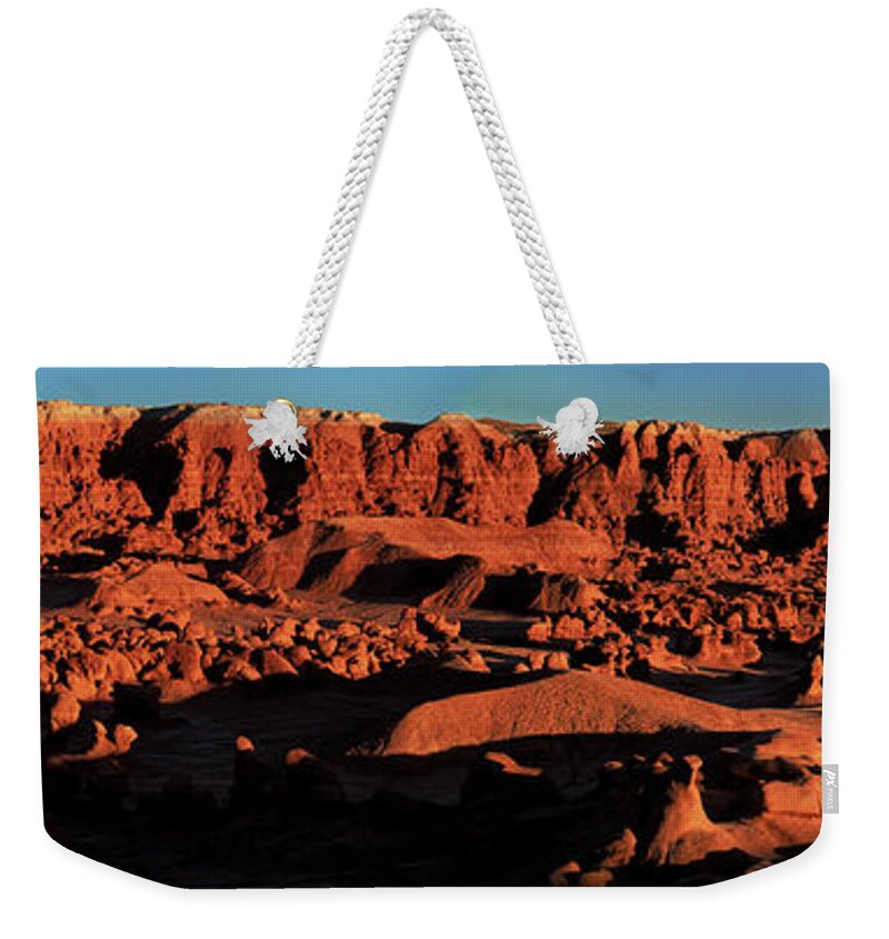 North America Weekender Tote Bag featuring the photograph Panorama Sunset On The Hoodoos Goblin Valley Utah by Dave Welling