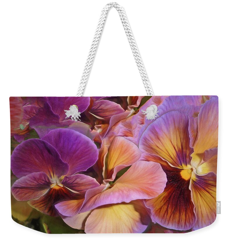 Pansy Weekender Tote Bag featuring the photograph Pansy Field in Violet and Yellow 6 by Lynda Lehmann