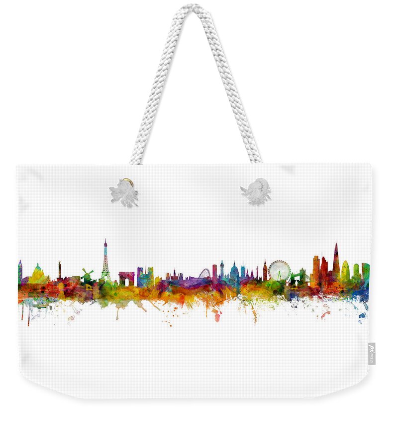 Paris Weekender Tote Bag featuring the digital art Paris and London Skylines mashup by Michael Tompsett