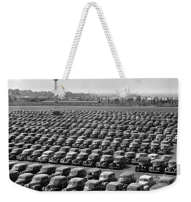 1950-1959 Weekender Tote Bag featuring the photograph Parking Lot At Car Factory by George Marks