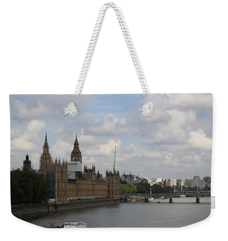 London Weekender Tote Bag featuring the photograph Parliament from the Thames by Laura Smith